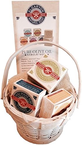 Authentic Olive Soap Gift Basket, includes 3-pc of Alqaryon Pure Olive Oil Soap Bars and Natural Pumpkin Loofah, all wrapped in a White Bamboo Gift Basket