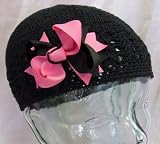 Piper Bow Childrens Crochet Hat (Toddler to Young Girls, Black Hat/Black & Hot Pink Bow)