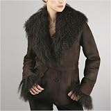 Women's Belted Shearling Coat with Mongolian Fur Trim
