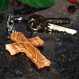 Hand Carved Olive Wood Latin Cross Keychain Matte Finish