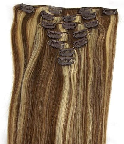 Beauty Wig World 22" 7pcs 70g Straight Clip in Remy Human Hair Extensions 6/613# Chestnut Brown/Bleach Blonde