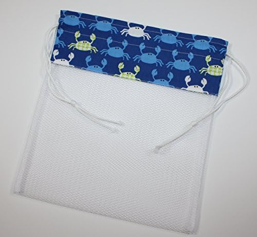 Sea Shell Collecting Bag, Blue Crabs Fabric, White Mesh, Drawstring Beach Bag