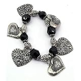 Filigree Heart Black Crystal Stone Stretch Charm Bracelet Fashion Jewelry
