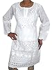 Boho Indian Kurta White Tunic Floral Embroidered Cotton Long Kurti Small