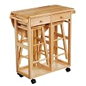 Premier Housewares Rubberwood Breakfast Set with Drop Leaf Trolley and 2 Round Stools, 3-Piece, 84 x 70 x 77 cm