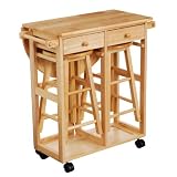 Premier Housewares Rubberwood Breakfast Set with Drop Leaf Trolley and 2 Round Stools, 3-Piece, 84 x 70 x 77 cm