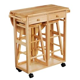 Premier Housewares Rubberwood Breakfast Set with Drop Leaf Trolley and 2 Round Stools, 3-Piece, 84 x 70 x 77 cm