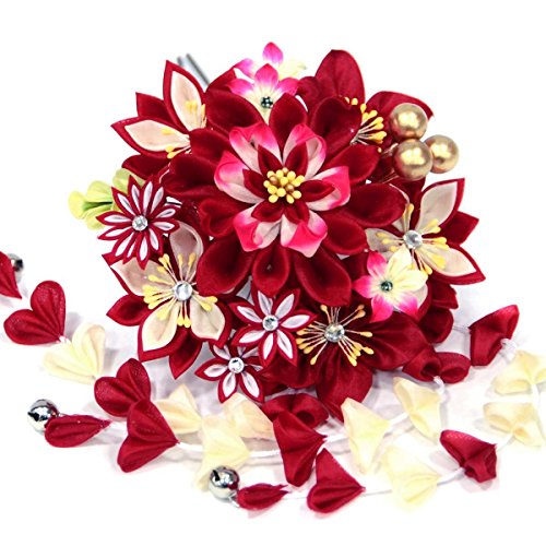 振袖用 簪 髪飾り つまみ細工【赤紅×生成り 金の実 14147】古典 卒業式 袴