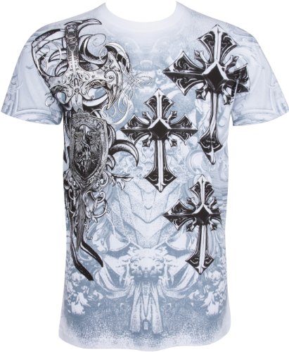 TG527T Cross,Sword and Shield Metallic Silver Embossed Short Sleeve Crew Neck Cotton Mens Fashion T-Shirt - White / X-Large