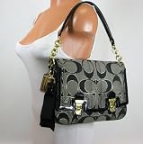 COACH POPPY SIGNATURE SATEEN METALLIC PUSHLOCK CROSSBODY BAG PURSE 18352 BLack Gold