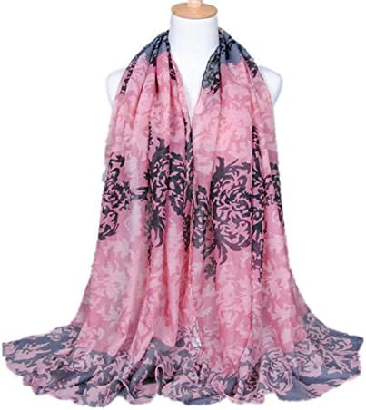New Women Lady All Seasons Soft Lightweight Wrap Fashion Colorful Floral Pattern Scarves Selection (Pink and Grey)