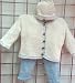 Hand Knitted Crochet Finished Natural Chenille Baby Blue Trim Cardigan Pant Hat Set Trimmed with Ant