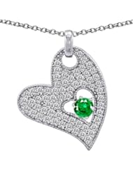 Candygem 925 Sterling Silver Simulated Round Emerald Big Heart Pendant