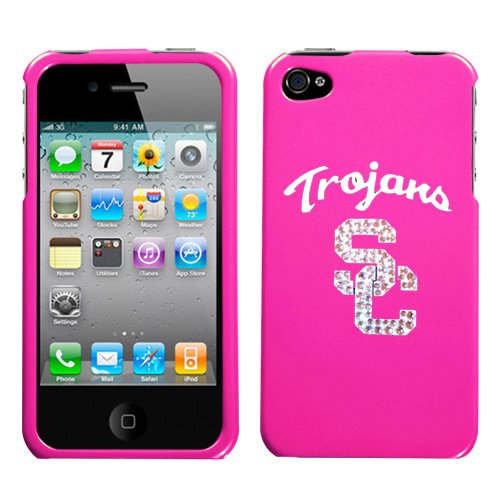 APPLE AT&T SPRINT VERIZON IPHONE 4 4G 16GB AND 32GB HARD PLASTIC DESIGN PINK AND WHITE USC TROJANS SWAROVSKI CRYSTAL DIAMOND SNAP ON CASE COVER