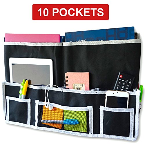 Fancii 10 Pocket Bedside Caddy - Hanging Storage Organizer for Books, Phones, Tablets, Accessory and TV Remote - Best for Headboards, Bed Rails, Dorm Rooms, Bunk Beds, Apartments, Bathrooms & Travel