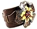 Beautiful Bella Essentials Dark Brown Leather Flower Wide Cuff Bracelet with Adjustable Straps and Crystal Accents