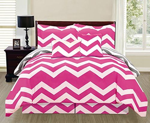 6 Piece Reversible Chevron Comforter Set New Bedding Zig Zag - Hot Buy !!! (King Size, Hot Pink)