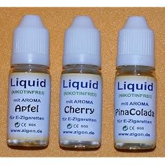 SPAR-SET - 3 x 10ml Liquid-Flaschen je 1x Geschmack Apfel, Kirsche, PinaColada mit 0.0 mg Nikotin f�r elektrische Zigaretten - Garantiert Nikotinfrei - von ZIGON
