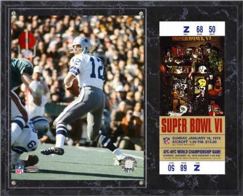 Roger Staubach Sublimated 12x15 Plaque | Details: Dallas Cowboys, Super Bowl VI, with Replica ticket