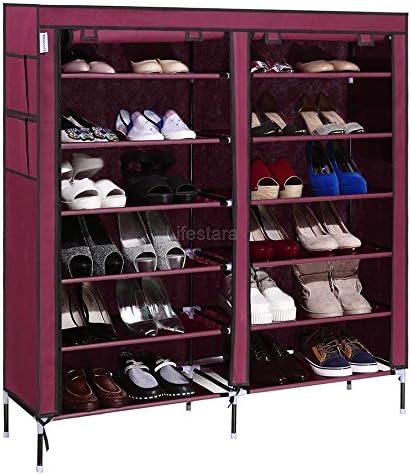 6-tier 2 rows Shoe Cabinet Rack Shoes Stand Storage Wardrobe Organizer with shelves ( Wine Red)
