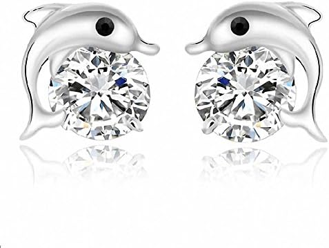 Cheap Funny White Women Silver Earring Rhinestone Cubic Zirconia Dolphin Round Stud Earring For Lady
