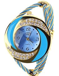 Pythons New Fashion Weaving Set Auger Bangle Wrist Watch Quartz for Women(Blue-Gold)