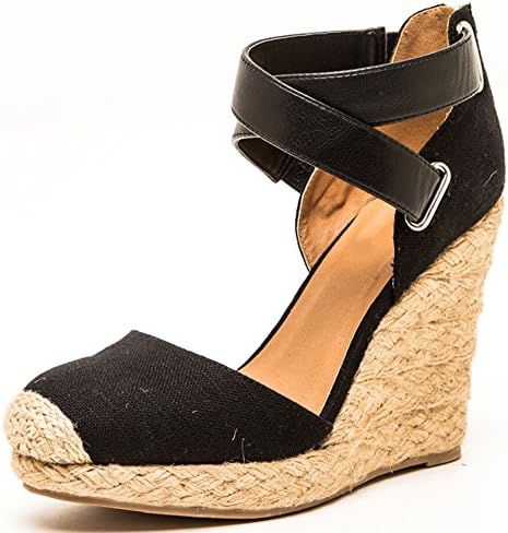 Fast Fashion Shoes Linen Straw Closed Toe Espadrille Wedges (7 B(M) US, Black)