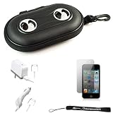 Black Portable Hard Case Cover Shell with Integrated Speakers for New Apple iPod Touch 4 ( 4th Generation 8GB 16GB 32GB ) + Includes Anti Glare Screen Protector Guard + Includes a Rapid Travel Car Charger and Home Wall Charger for your iPod Touch