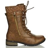 Forever Link Womens Mango-31 Round Toe Military Lace Up Knit Ankle Cuff Low Heel Combat Boots