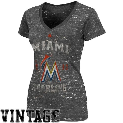 Majestic Miami Marlins Ladies Charcoal Sapphire Premium V-neck Heathered T-shirt (Medium)