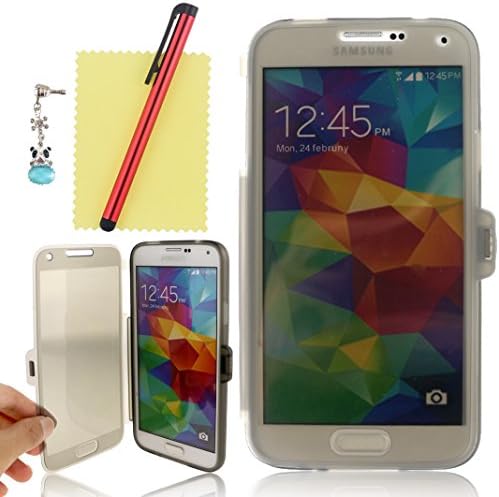 Ancerson New Stylish Frosted TPU Transparent Clear Ultra Slim Protective Flip Folio Case Cover for Samsung Galaxy S5 Free with a Red Stylus Touchscreen Pen, a 3.5mm Universal Crystal Diamond Rhinestones Bling Lovely Silvery Flower Blue Panda Pendant Dust Plug and a Cleaning Cloth (Black)