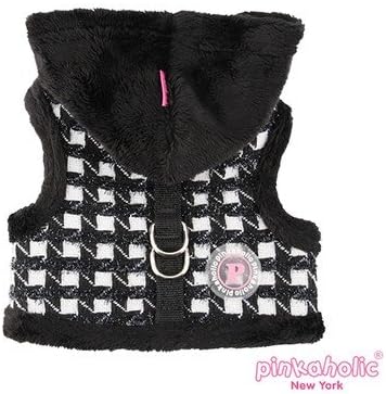 Authentic Pinkaholic Cosmo Pinka Metallic Houndstooth Hooded Harness Vest in color Black/White for small dogs in Size Small (Chest 10-12", Neck 8.5")