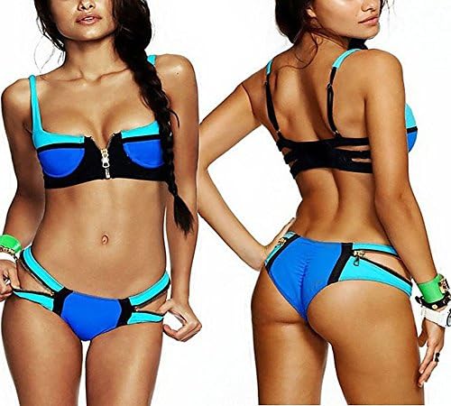 Women Sexy Straps 2 Pieces Bandage Swimsuit Swimmer Bikini Set with Zipper (medium, blue)
