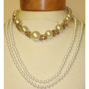 One Strand Large Simulated Ivory Pearls Separated By Gold Plated Beads Crystals Short Chain...