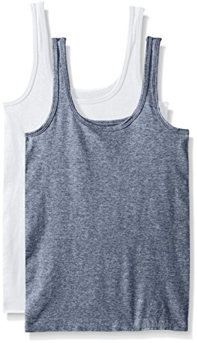 Ellen Tracy Women's Seamless Logo Tank Camisole, Heather Denim/White, Large (Pack of 2)