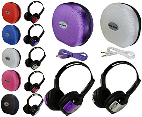 2 Pack Kid Sized Wireless Infrared Universal Car DVD IR Automotive Colored Adjustable 2 Channel Headphones With Case and 3.5mm Auxiliary Cord