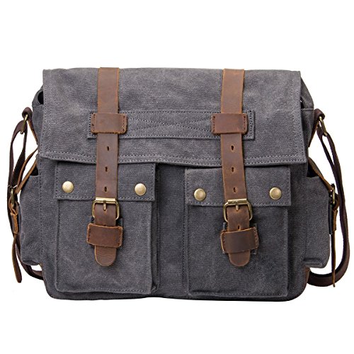 Peacechaos Messenger Bag Leather Canvas Shoulder Bookbag Laptop Bag + Dslr Slr Camera Canvas Shoulder Bag (Dark Grey(2))