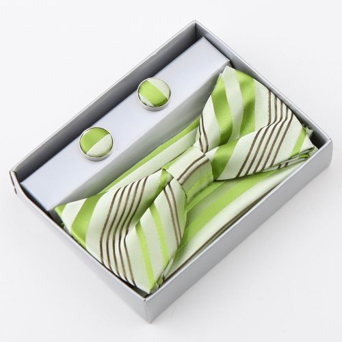 Green Stripes Silk Pre-tied Bowtie, Cufflinks, Hanky Gift Box Set olive drab Club bow ties, Country bowties Pointe BT2061