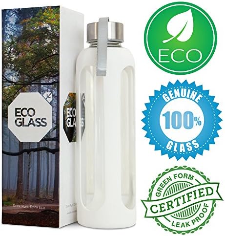 ECO GLASS Water Bottle - Stylish 20 Oz Reusable Eco Friendly Water Bottle with Stainless Steel Lid and Handle - Protective Non-Slip Silicone Sleeve - Dishwasher &amp; Microwave Safe - Heat Resistant Borosilicate BPA Free Glass - Perfect for Moms with Kids - Office - Car - Fitness - Camping - Kitchen. Great Packaging, Perfect Gift!