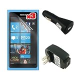 Premium 3 Packs of LCD Clear Screen Protector + USB Car Charger + Rapid Wall Charger for Nokia Lumia 800