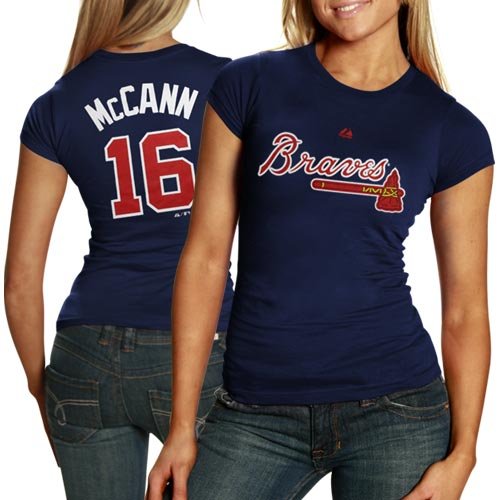 Majestic Brian McCann Atlanta Braves #16 Ladies Player T-Shirt - Navy Blue (Large)
