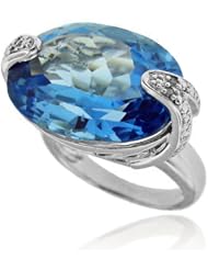 Sterling Silver Large Oval Blue Topaz and Diamond Gemstone Ring, Birthstone of December