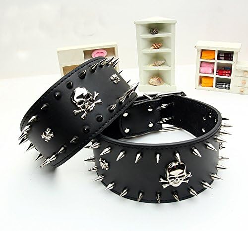large dog Genuine Leather collar with sharp spikes pets collars ghost head studded 3sizes (M)