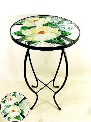Magnolias Round Glass Side Table