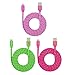 Qable Powerz Hi-Speed Braided Flat Noodle Lightning USB, 6 Feet for iPhone and iPad (Pink / Green / HotPink) (3 Pack)