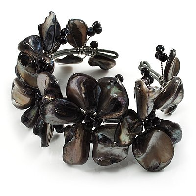51tgruZdfWL Black Floral Shell & Pearl Cuff Bracelet