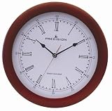Precision MSF Radio controlled 31cm Mahogany finish wood wall clock with roman numeral markings on dial and metal hands