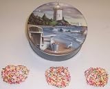 Scott's Cakes White Chocolate Covered Pretzel with Rainbow Jimmies in a Mini Lighthouse Tin