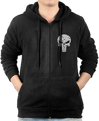 Men Punisher Logo Zipper Hoodie Black Sweatshirt With Pockets Medium