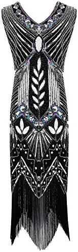 Urmine Women's 1920s Women Retro 50s Gatsby Dresses Beaded Ball Evening Flapper Dress (S, Black-UR02)